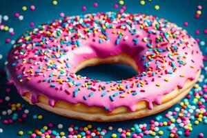 a pink doughnut with sprinkles on a blue background. AI-Generated photo