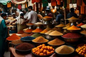 a market with many bowls of spices and fruits. AI-Generated photo