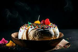 ice cream cake with sprinkles and candies on a black background. AI-Generated photo