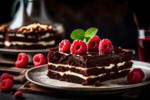 a piece of chocolate cake with raspberries on a plate. AI-Generated photo