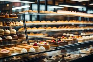 many different types of pastries are on display in a bakery. AI-Generated photo