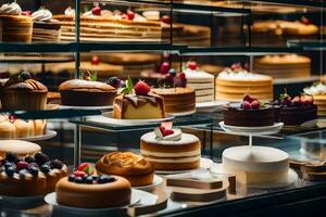 many different types of cakes are on display in a glass case. AI-Generated photo