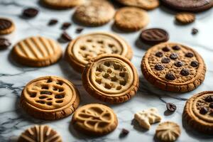 a variety of cookies and biscuits on a marble surface. AI-Generated photo