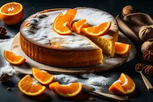 a cake with oranges and sugar on a black background. AI-Generated photo