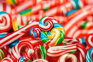 many colorful candy canes are arranged in a pile. AI-Generated photo