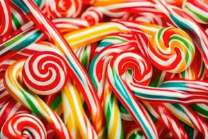 a close up of a pile of candy canes. AI-Generated photo