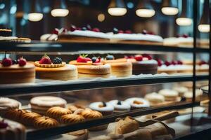 a display case filled with various types of pastries. AI-Generated photo