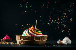 a cupcake with sprinkles and a rainbow on a black background. AI-Generated photo