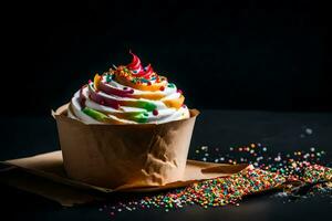 a cupcake with sprinkles on a black background. AI-Generated photo
