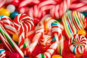 many colorful candy canes and candy lollipops. AI-Generated photo