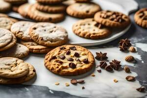 chocolate chip galletas en un mármol superficie. generado por ai foto