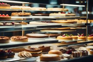 many different types of pastries are on display in a bakery. AI-Generated photo