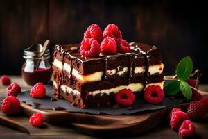 chocolate cake with raspberries on a wooden table. AI-Generated photo