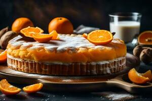 a cake with orange slices and milk. AI-Generated photo