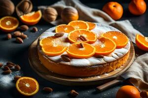 a cake with oranges and almonds on a wooden board. AI-Generated photo