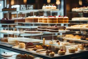 a display case filled with cakes and pastries. AI-Generated photo
