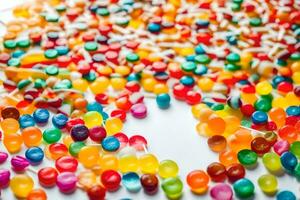 a pile of colorful jelly beans on a white surface. AI-Generated photo