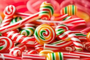 many colorful candy lollipops are arranged on a table. AI-Generated photo