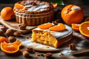 un pastel con naranjas y nueces en un de madera mesa. generado por ai foto