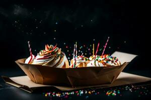 a box with cupcakes and sprinkles on a black background. AI-Generated photo