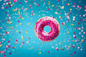 a donut surrounded by colorful sprinkles on a blue background. AI-Generated photo