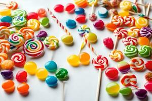 a variety of colorful lollipops on a white surface. AI-Generated photo