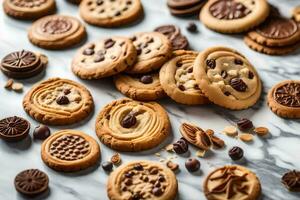 a variety of cookies on a marble surface. AI-Generated photo