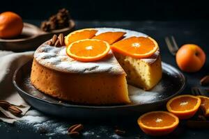 a cake with oranges and cinnamon on a black background. AI-Generated photo