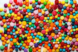 a large pile of colorful candy on a white surface. AI-Generated photo