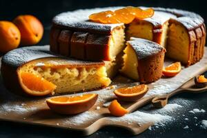 orange cake with slices cut out on a cutting board. AI-Generated photo