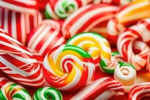 many colorful candy canes are arranged in a pile. AI-Generated photo