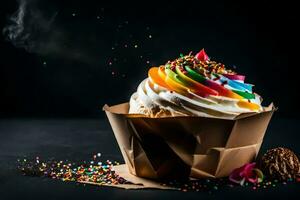 a cupcake with sprinkles and rainbow icing. AI-Generated photo