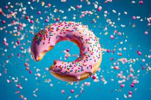 a donut with pink icing and sprinkles on a blue background. AI-Generated photo