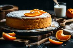 a cake with orange slices and milk on a black background. AI-Generated photo