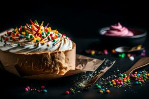 a cake with sprinkles and a spoon. AI-Generated photo