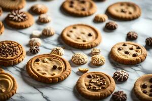 a variety of cookies and cookies on a marble counter. AI-Generated photo