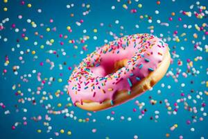 a pink donut with sprinkles flying in the air. AI-Generated photo