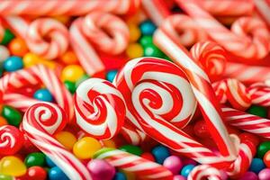 many candy canes are arranged in a pile. AI-Generated photo