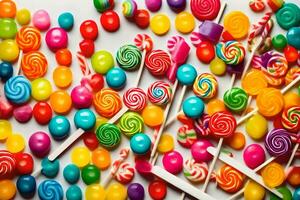 a pile of colorful candy on a white surface. AI-Generated photo