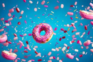 donut falling from the sky with sprinkles. AI-Generated photo