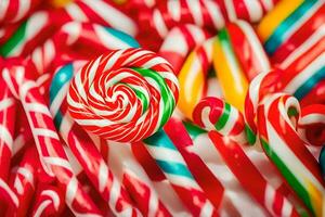 many colorful candy canes are arranged in a circle. AI-Generated photo