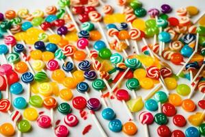a pile of colorful lollipops on a white surface. AI-Generated photo