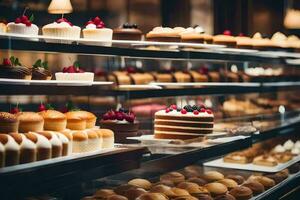 a display case filled with cakes and pastries. AI-Generated photo