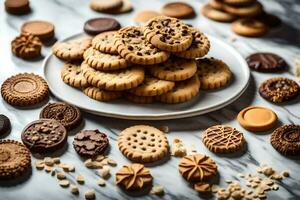 un plato de galletas y otro galletas en un mármol superficie. generado por ai foto