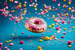 a donut with sprinkles and pink frosting is flying in the air. AI-Generated photo