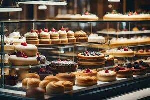 many different types of cakes are on display in a bakery. AI-Generated photo