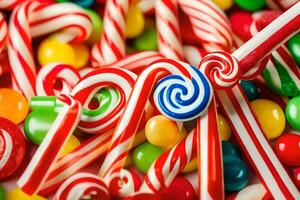 many colorful candy canes are arranged together. AI-Generated photo