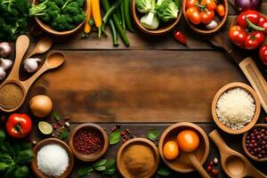 a wooden table with many different types of vegetables. AI-Generated photo