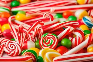 many colorful candy canes are arranged in a pile. AI-Generated photo