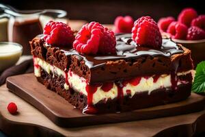 a chocolate cake with raspberries and cream. AI-Generated photo